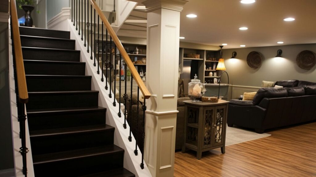 finished basement with heightened ceilings