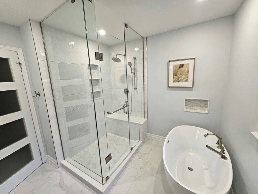Aurora Bathroom With Custom Glass Shower And Freestanding Bathtub