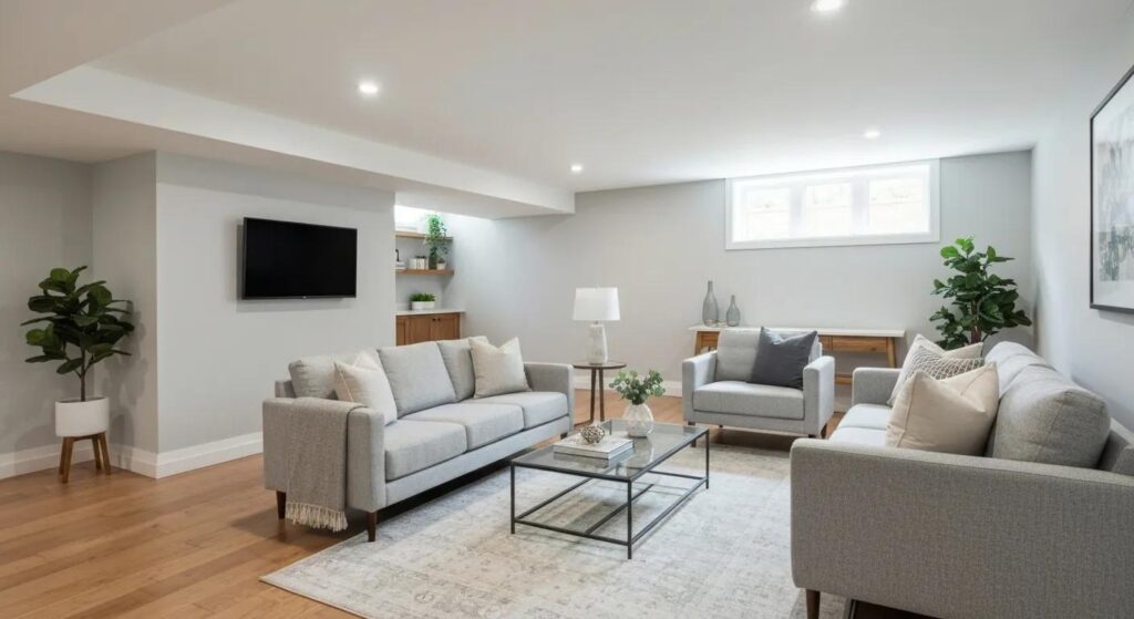 Modern basement renovation showcasing an open concept living area with contemporary furniture and natural light