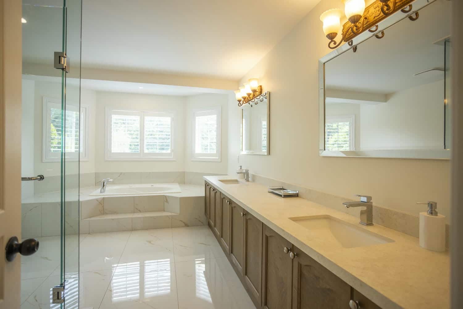 photo from the entry to the large 150 sq ft master bathroom