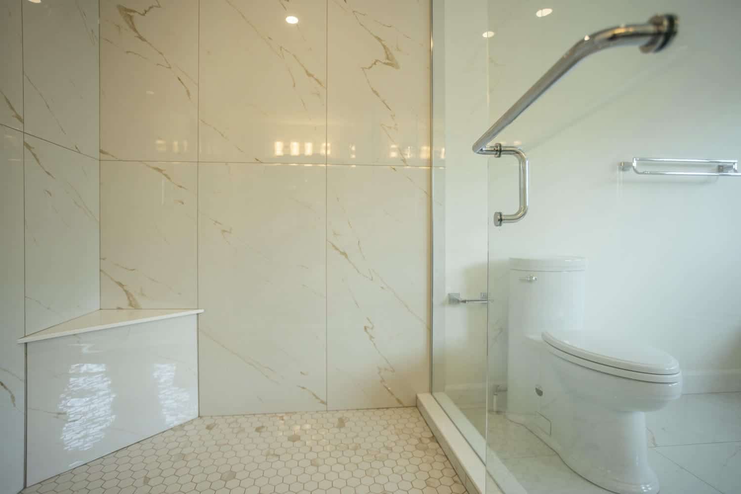 Beautiful view of the large custom shower with the chrome towel bar and toilet in view