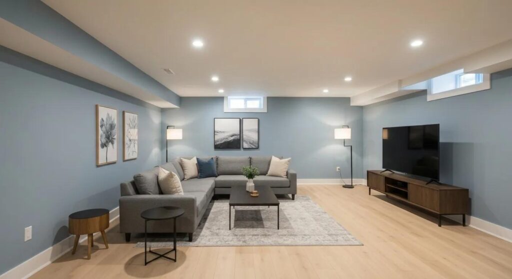 Cozy renovated basement living space with modern decor and warm lighting