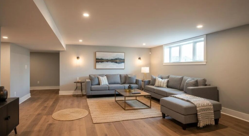 Cozy renovated basement living space with modern decor and warm lighting