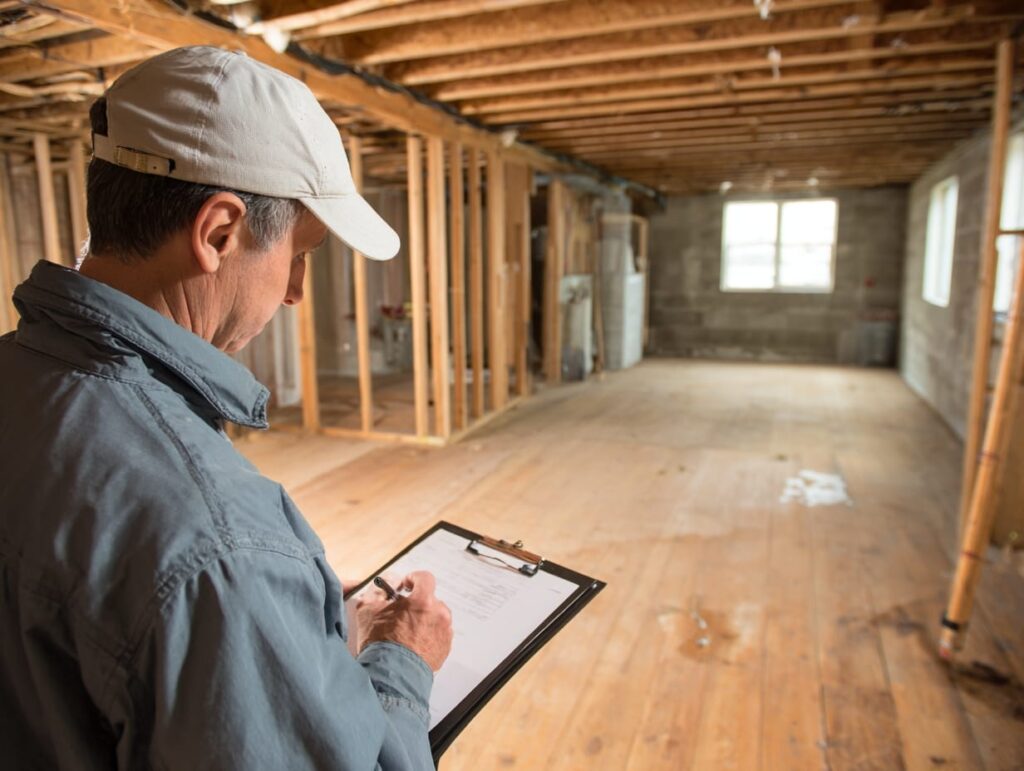 Building inspector reviewing basement renovation framing before drywall