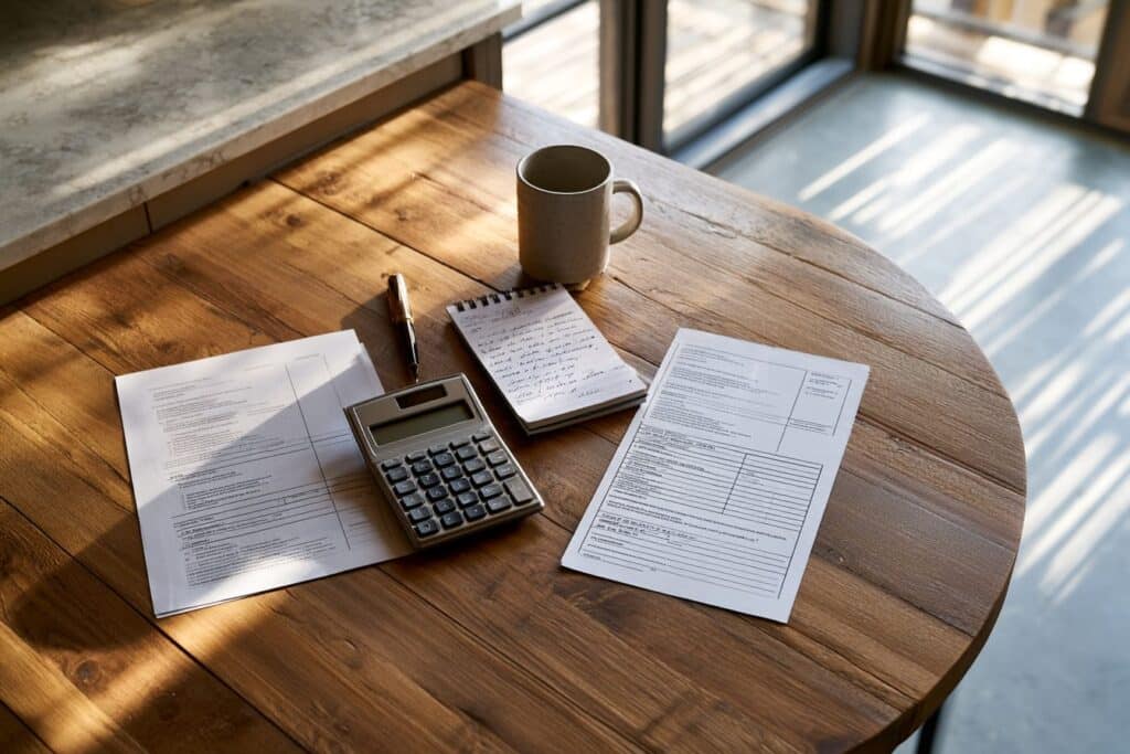Homeowner comparing two basement renovation quotes side by side at a kitchen table