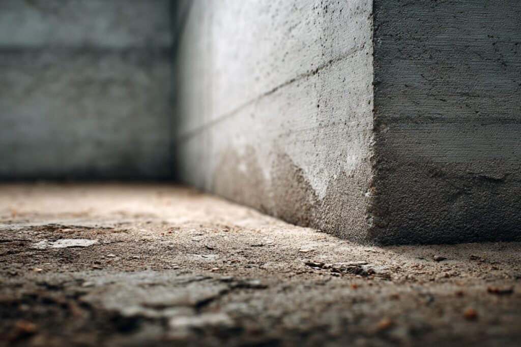 The base of a concrete foundation wall meeting the floor, where underpinning lowers a basement safely