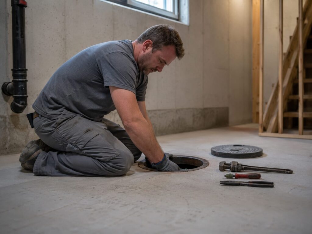 Plumber kneeling beside an open backwater valve access cover in the concrete floor of a GTA basement