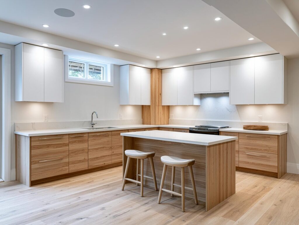 A finished modern kitchen in a renovated basement of a Greater Toronto Area home, with cabinets, a counter, and warm lighting.