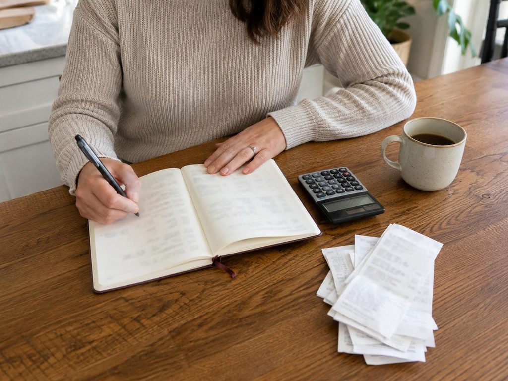 Homeowner working out basement suite rental income by hand in a notebook at a kitchen table