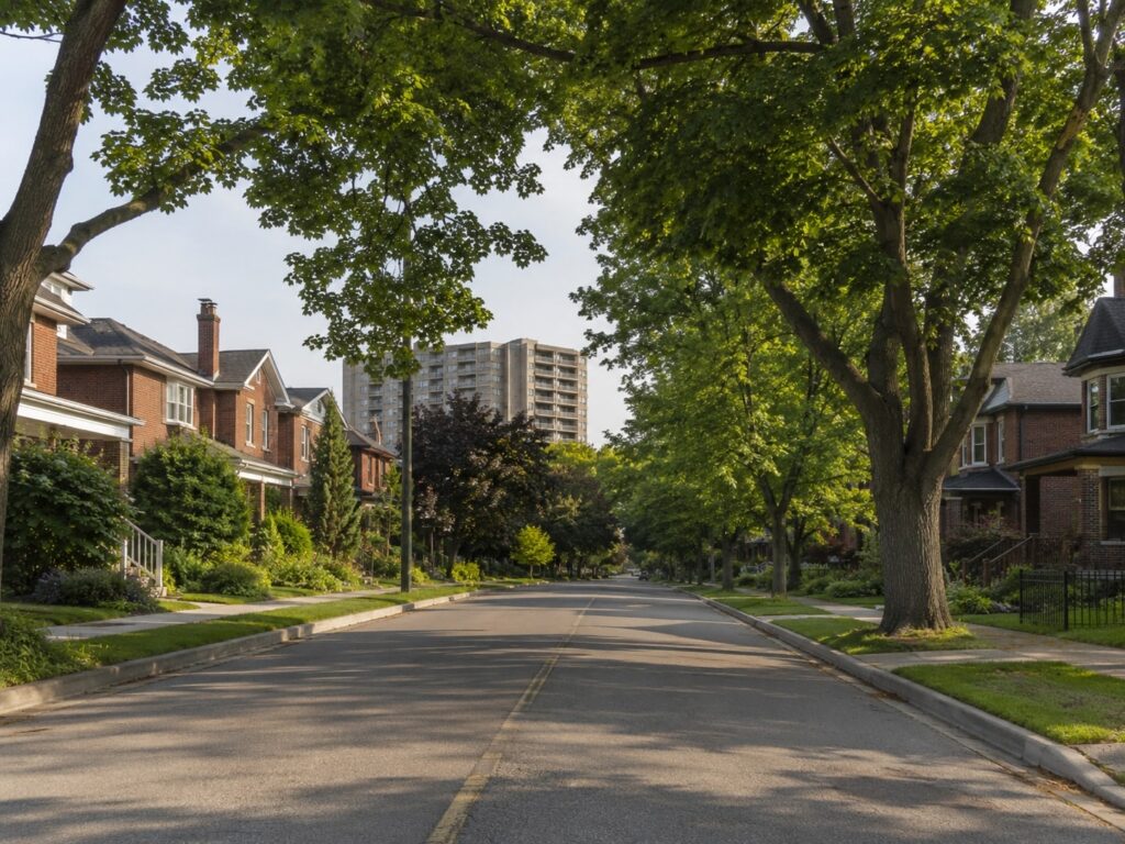 Suburban Newmarket street of brick houses with a mid-rise apartment building standing a few blocks behind