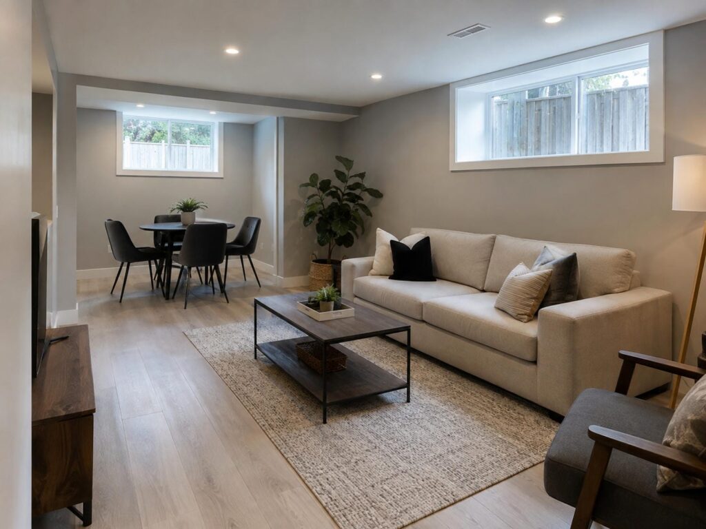 Finished basement apartment living area in a Newmarket home lit by two above-grade windows
