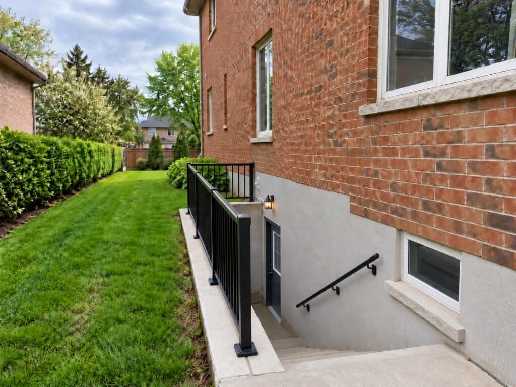 Separate entrance to a Newmarket basement suite, with concrete steps descending beside the brick foundation to a door below grade.