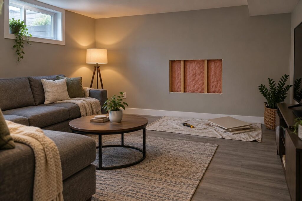 Finished basement rec room in a Newmarket home with one small section of drywall cut open to show the framing behind it