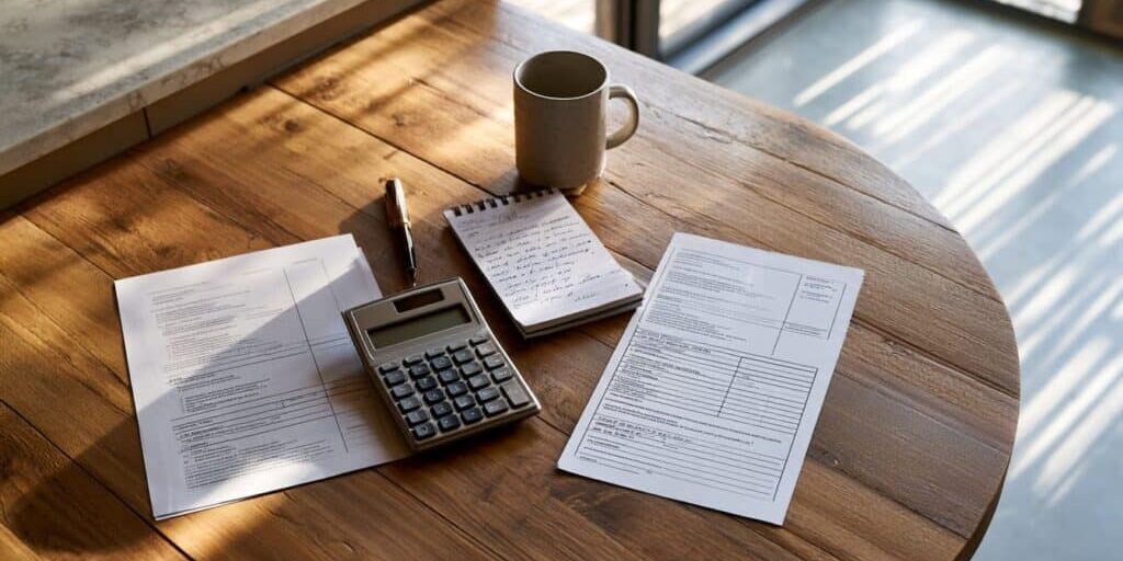 Homeowner comparing two basement renovation quotes side by side at a kitchen table