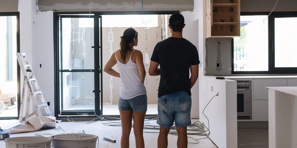 couple looking at progress of home renovation