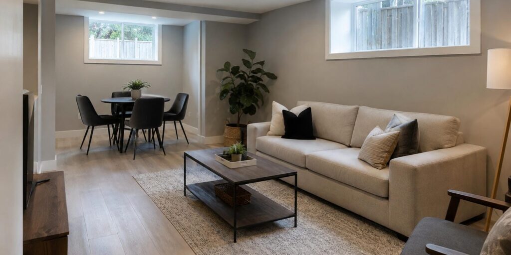 Finished basement apartment living area in a Newmarket home lit by two above-grade windows